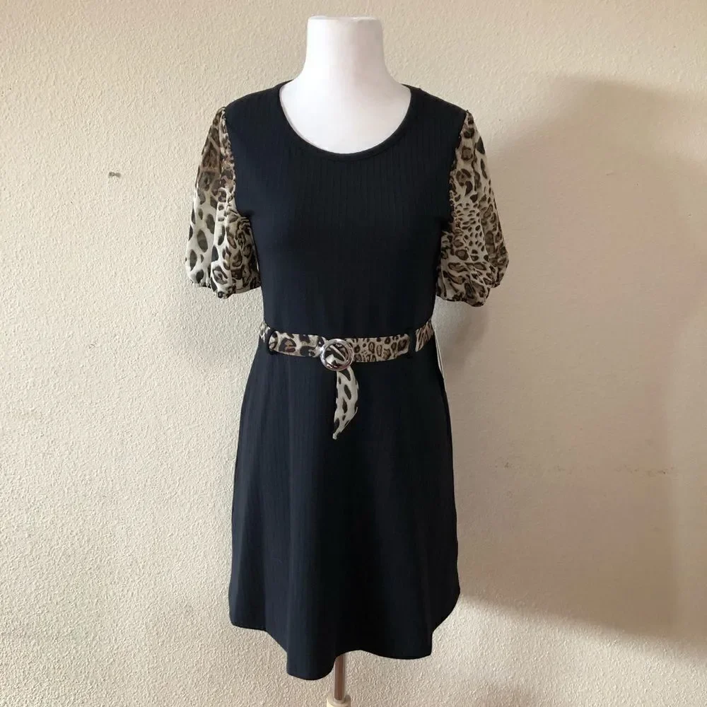 My Michelle Cheetah Print Trim Sweater Dress Sz 16